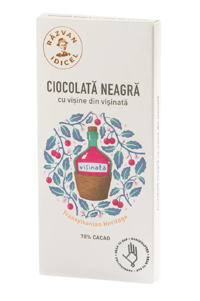 Ciocolată artizanală neagră 70% cacao cu vișine din vișinată - Razvan Idicel - 80g