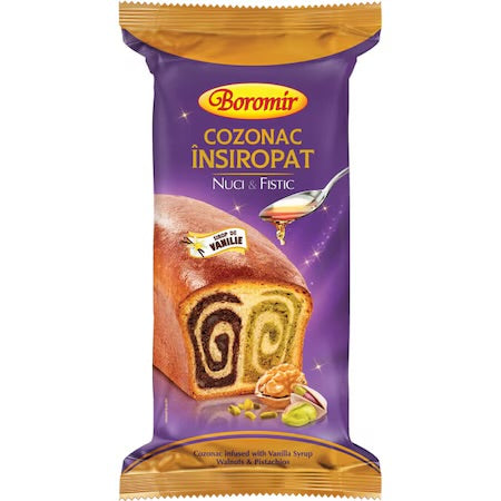 Cozonac insiropat cu sirop de vanilie, crema cu nuci si fistic - Boromir - 550g