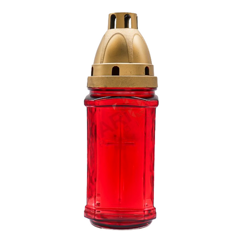 Red glass candle with golden cap