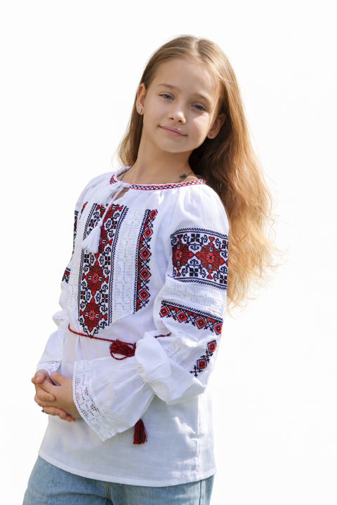 Ie pentu fete Elefteria cu broderie rosie - Camasa traditionala pentru fete