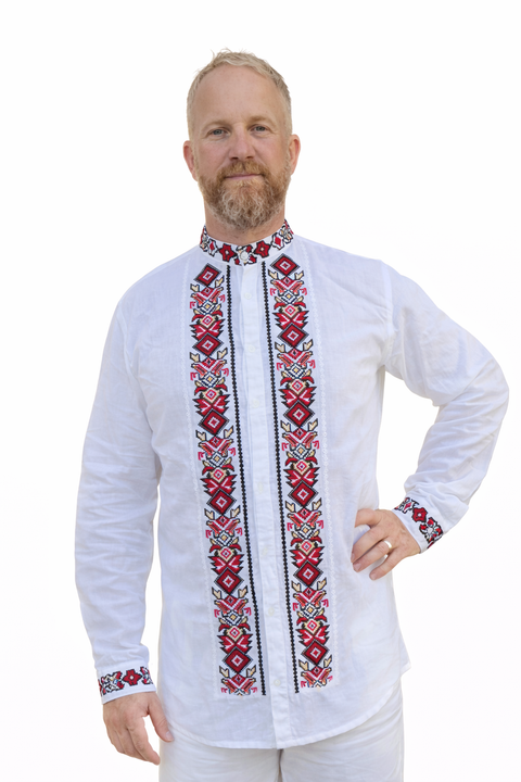 Ie (cu nasturi) pentru barbati Vitalie broderie rosie- Camasa traditionala cu nasturi pentru barbati broderie rosie