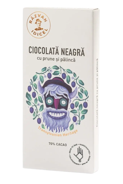 Ciocolată neagră 70% cacao cu prune și pălincă 80g - Razvan Idicel - 80g