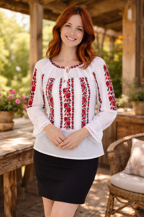 Ie pentru dama Gabriela broderie rosie - Camasa traditionala pentru femei