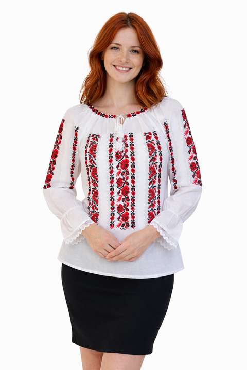 Ie pentru dama Gabriela broderie rosie - Camasa traditionala pentru femei